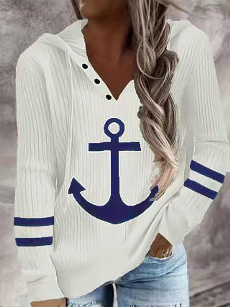 ​​"Stylisches Kapuzen-Sweatshirt mit V-Ausschnitt, Anime-Print und Knopfdetails – Locker sitzender Langarmpullover für die Freizeit"​​_voghion.com