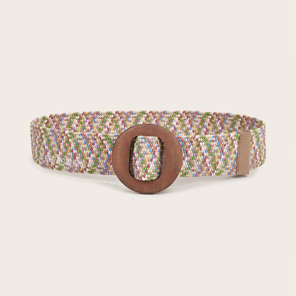 Damengürtel Sommer PP Stroh gewebt elastisch bunt Holz quadratische Schnalle Gürtel Gurtband_voghion.com