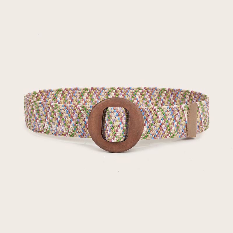 Damesriemen Zomer PP Stro Geweven Elastische Kleurrijke Houten Vierkante Gesp Riem Webbing_voghion.com
