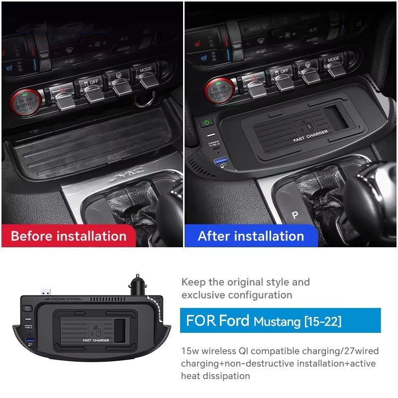 Til Ford Mustang 2015-2022 Trådløs hurtigoplader til bil QI-telefonopladningspadholder 15W fuld effekt trådløs + USB 27W KABEL_voghion.com