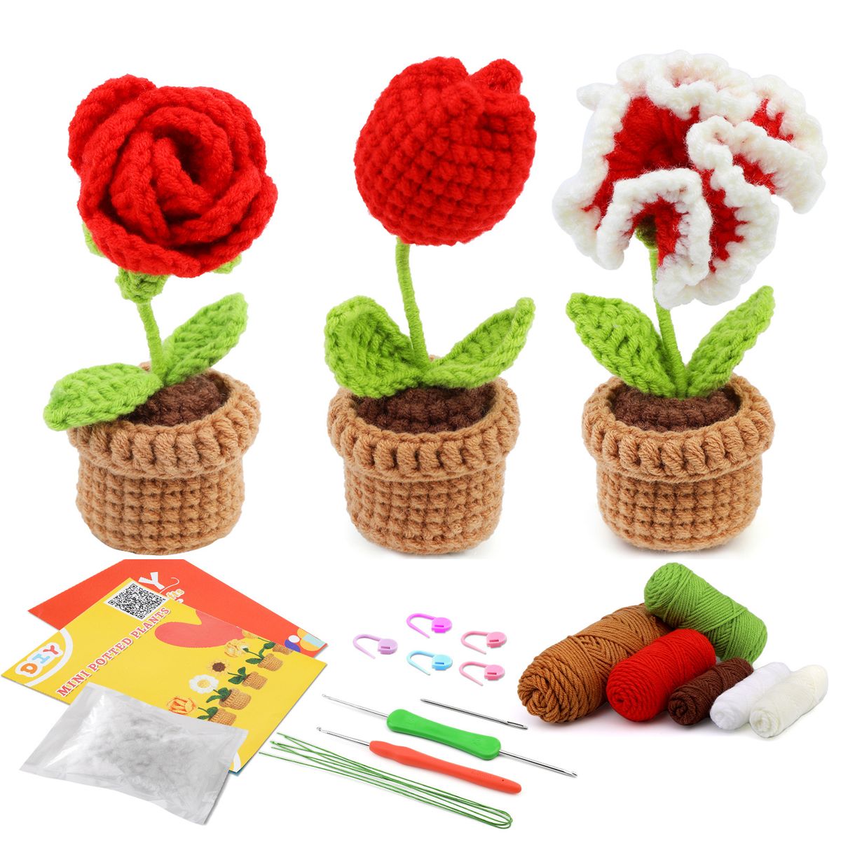 Handgemachter Wollstrauß, Tulpen, Sonnenblumen, Gänseblümchen, Kaktuspflanze, kleine Topfornamente, Häkelmaterialpaket_voghion.com