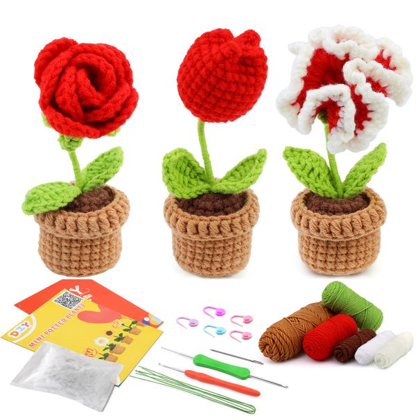 Handgemachter Wollstrauß, Tulpen, Sonnenblumen, Gänseblümchen, Kaktuspflanze, kleine Topfornamente, Häkelmaterialpaket_voghion.com