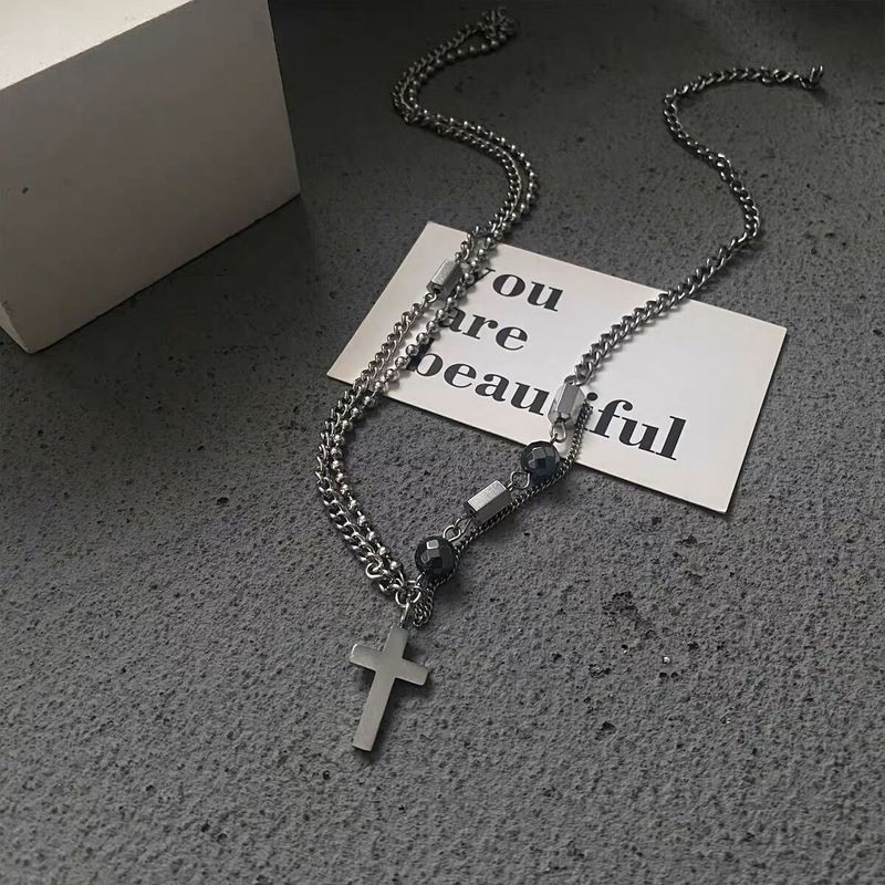 Hip Hop Double Layer Cross Titanium Steel Necklace Unisex Versatile Spliced Clavicle Couple Sweater Chain Trendy_voghion.com