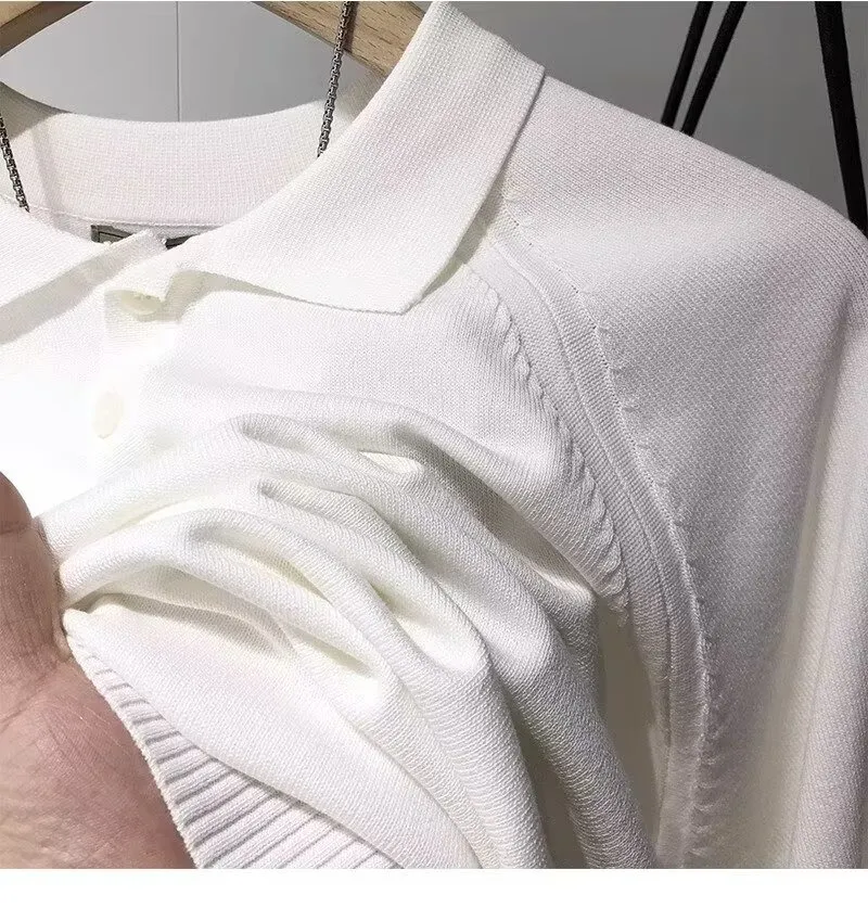 Men's Clothing 2024 summer lapel t shirt polo shirt men's short sleeved knitted sweater half sleeved youth slim shoulder stitching trend_voghion.com