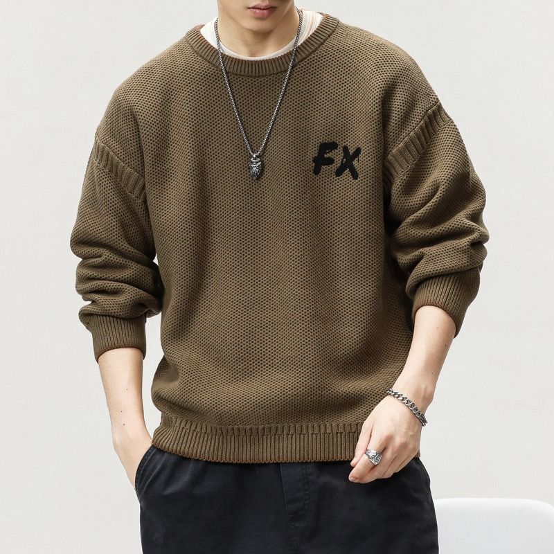 Herbst und Winter neuer trendiger Retro-Rundhals-Strickpullover für Herren, lockerer und lässiger Trendpullover_voghion.com