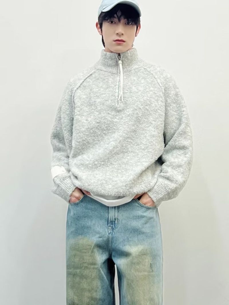 New circular yarn stand up collar zipper sweater with lazy and luxurious feel, winter knitted sweater, men's coat top_voghion.com