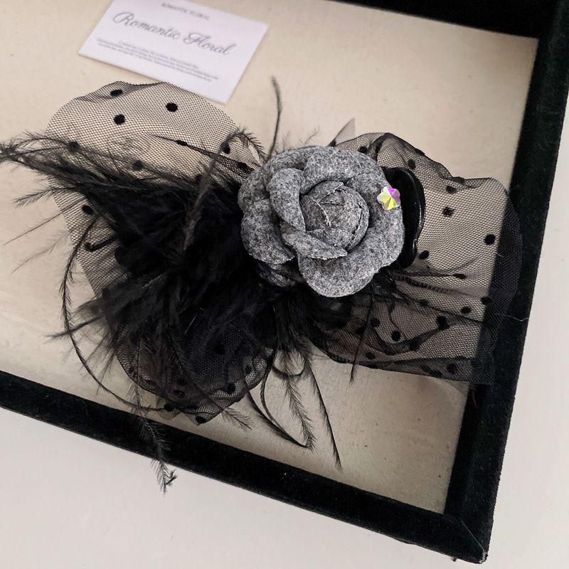 Horquilla de cola de caballo alta de tamaño pequeño, tocado de estilo retro francés, horquilla de malla con puntos negros, flor y tiburón, accesorios para el cabello para mujer_voghion.com