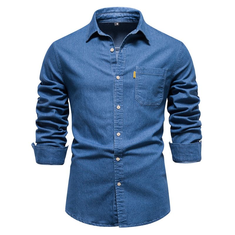 2023 herbst/Winter Neue Europäische Größe Denim Eisenlosen Casual Einfarbig herren Langarm Hemd_voghion.com