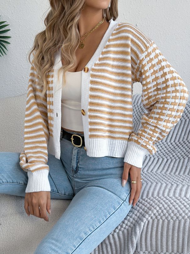 Women's Clothing Contrast Striped Lantern Striped Batwing Sleeve Cardigan Sweater - Short Length V-Neck Fall/Winter Knit Top (Khaki, Burgundy, Black)_voghion.com