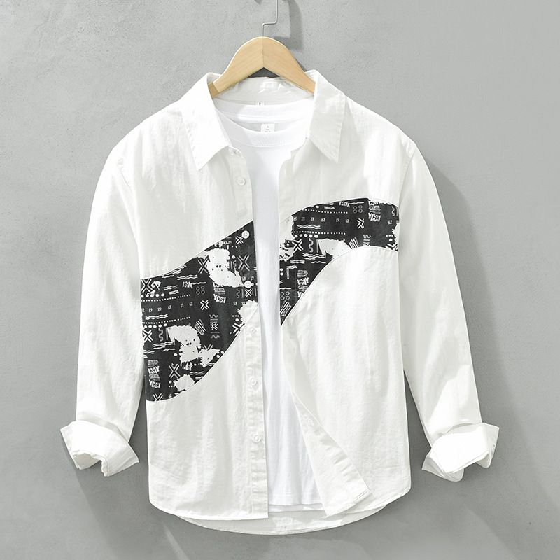 6732 Japanese Retro Long-sleeved Shirts Men's Trend Printing Stitching Shirts Casual Loose Tops A Generation._voghion.com