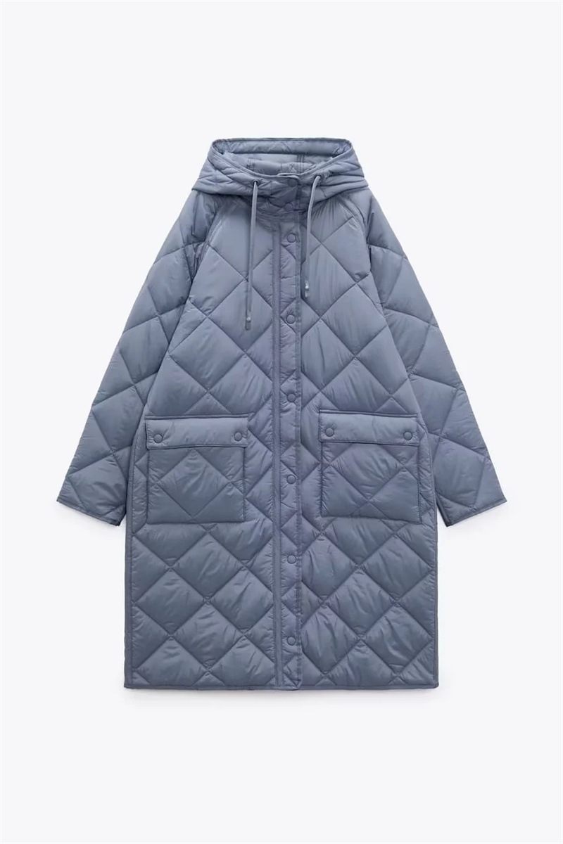 Lange Version der Damen-Baumwolljacke mit Diamant-Mesh-Kapuze, modische, lässige Silhouette, lockere Baumwolljacke_voghion.com
