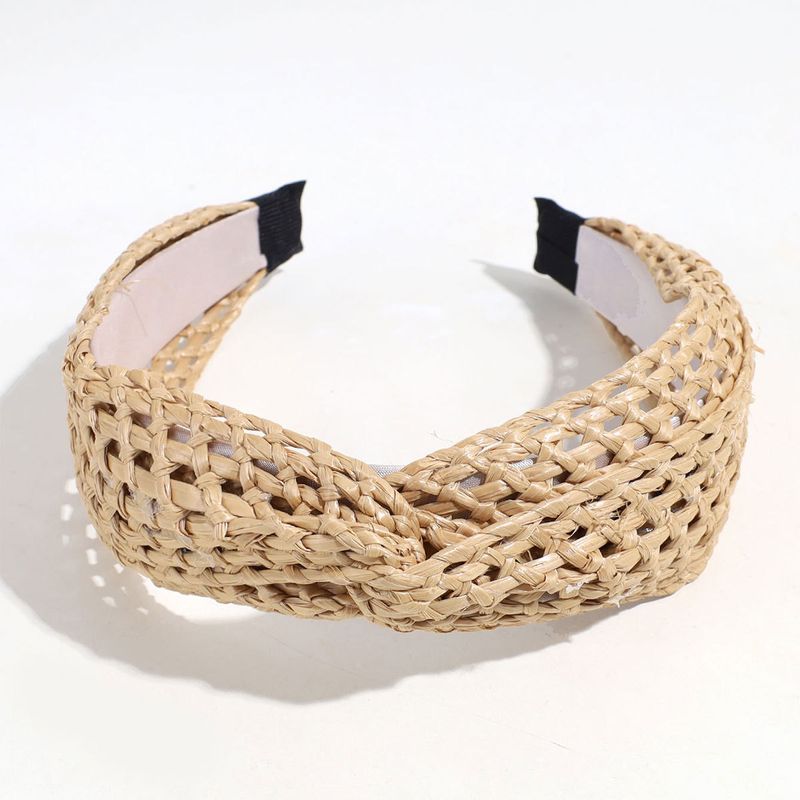 Wide-brimmed hollow knotted headband fashionable and high-end raffia braided headband for going out hair pressing hair accessories_voghion.com