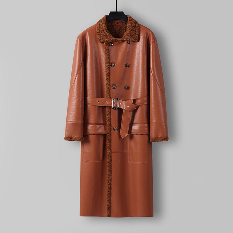 Men's Clothing Winter Large Size Loose Leather Suede One Piece Men's Super Long Leather Fur Coat Fur Windbreaker Men's Jacket Leather Coat_voghion.com