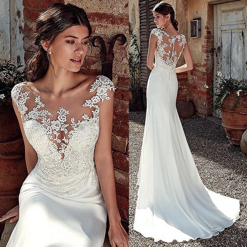 Elegante abito da sposa in raso con scollo rotondo in pizzo, sirena, lungo strascico e schiena scoperta – Vita alta lusinghiera per le spose_voghion.com