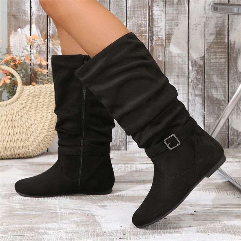 Geplooide zijrits hoge platte laarzen voor dames_voghion.com