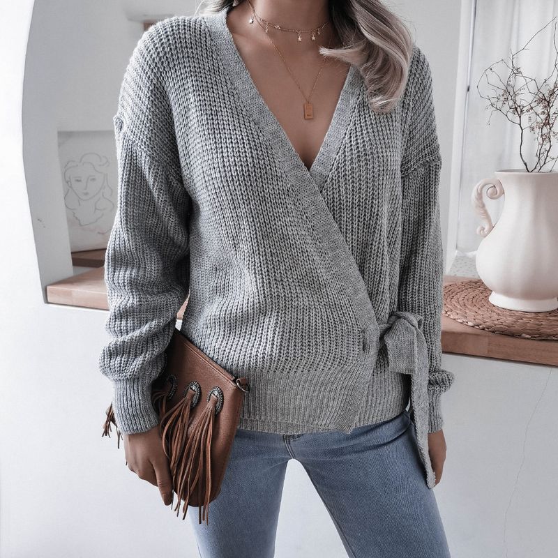 Lässiger Strickpullover mit V-Ausschnitt und geknotetem Riemen, Damenbekleidung_voghion.com