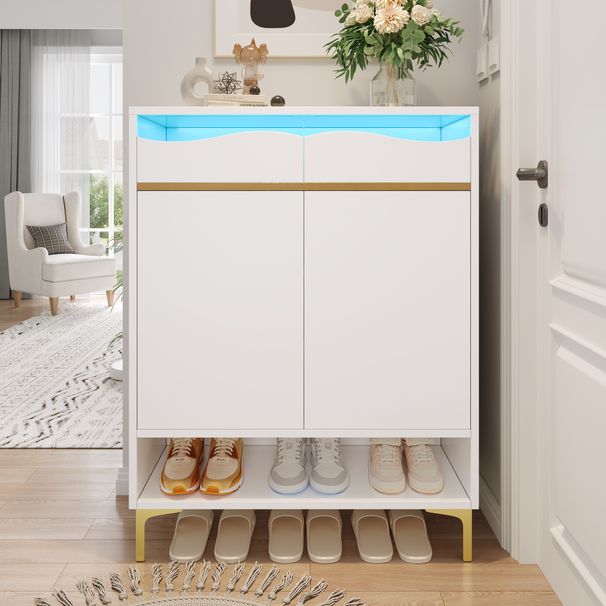 Meuble à chaussures blanc moderne avec éclairage LED 16 couleurs – Rangement gain de place pour couloir 80 x 35 x 105 cm avec tiroirs et étagères – Pour entrée, salon, couloir_voghion.com