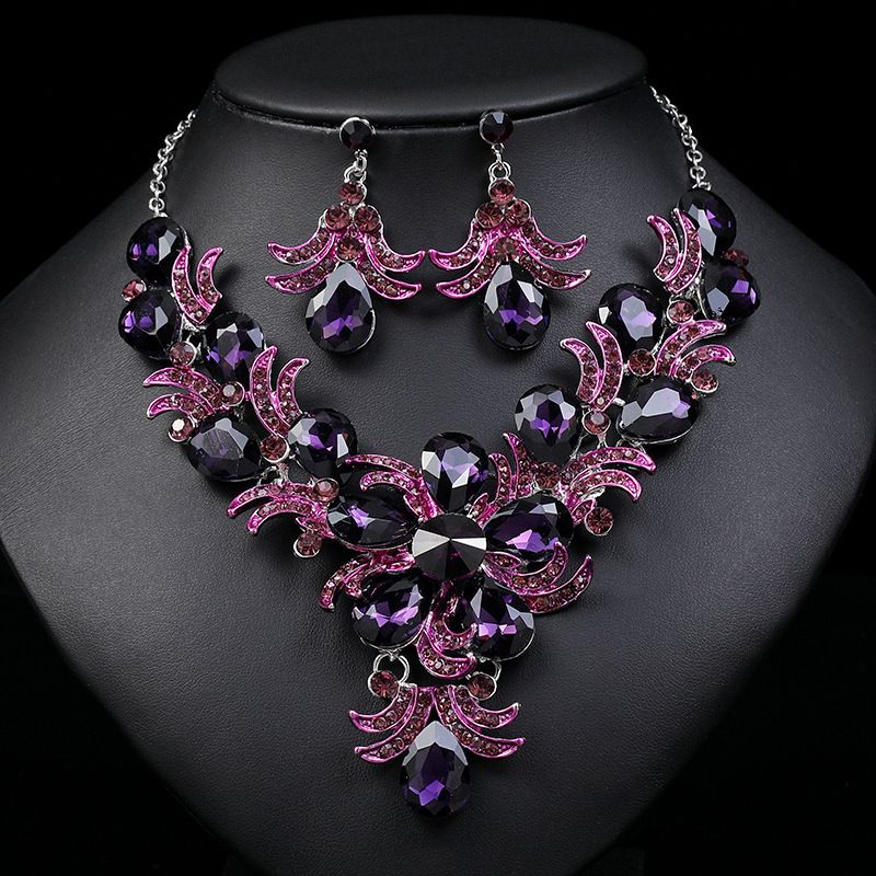 Brillante viola nuovo esagerato collana nuziale set di gioielli da sposa con lega di diamanti a forma di goccia d'acqua_voghion.com