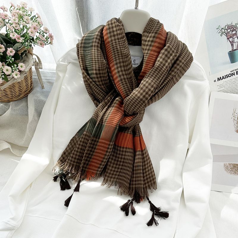 Sciarpa unisex a traliccio con mille uccelli, da donna, semplice, alla moda, in seta, con nappe, a quadri_voghion.com