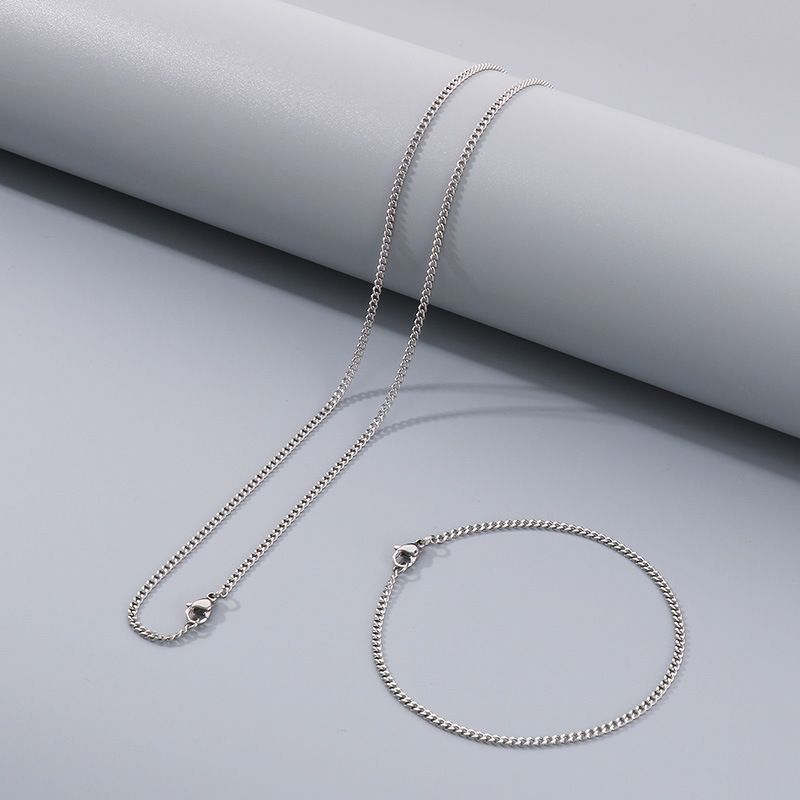 Titanium Double-Sided Polished Chain Multi-Size Stainless Steel Bracelet Necklace Set Accessories_voghion.com
