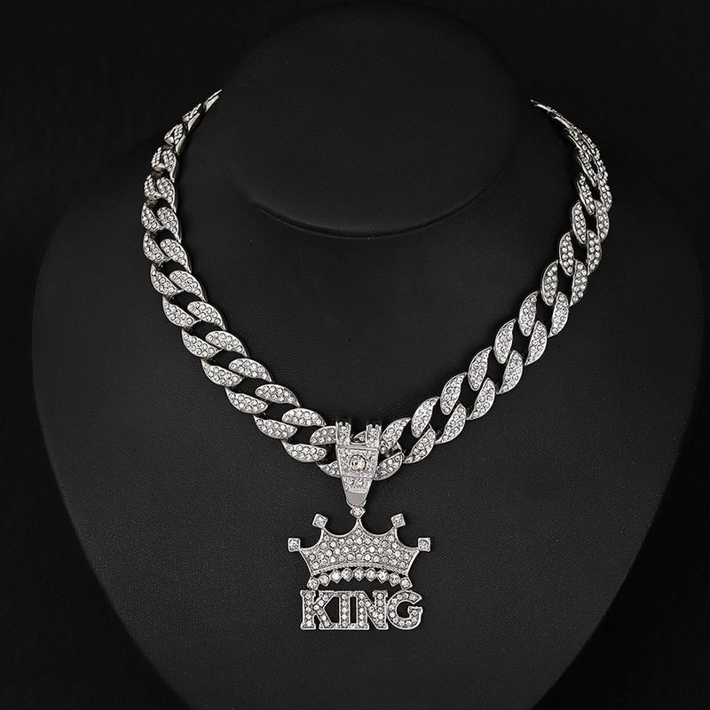 Men's Hip Hop Full Dia Crown Letter KING Pendant Street Trend Cool Alloy Necklace Accessories Men_voghion.com