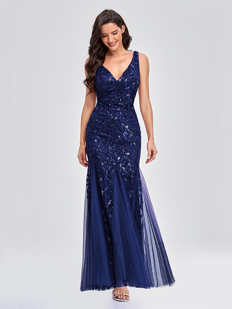 Women's Clothing evening dress v neck tulle embroidery sequins sexy mermaid prom dress ladies formal dress skirt_voghion.com