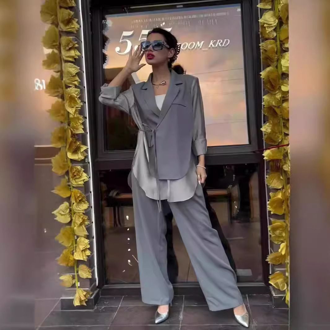 Damenbekleidung Frühling und Sommer Neue Damen Chiffon Spleißen Unregelmäßige Schnürjacke Top Gerade Hosenanzug_voghion.com