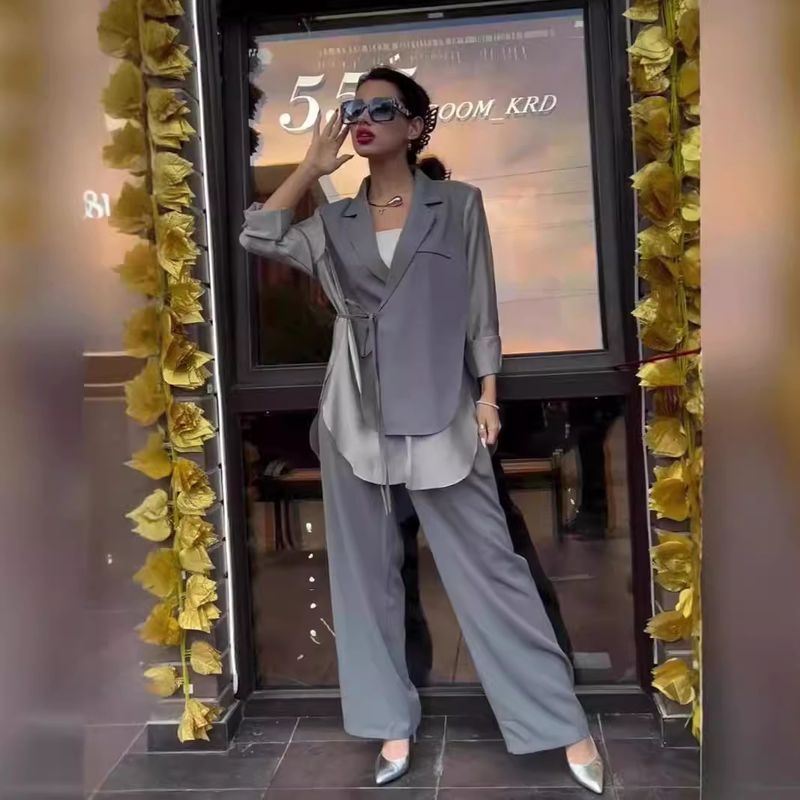 Women's Clothing Spring And Summer New Women's Chiffon Splicing Irregular Lace Up Jacket Top Straight Pants Suit_voghion.com