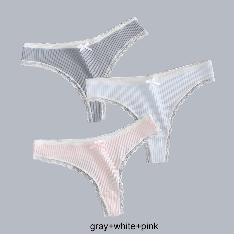3 pièces/lot femmes string mode dentelle bord string Sexy coton culottes dames doux Lingerie solide taille basse sous-vêtements_voghion.com