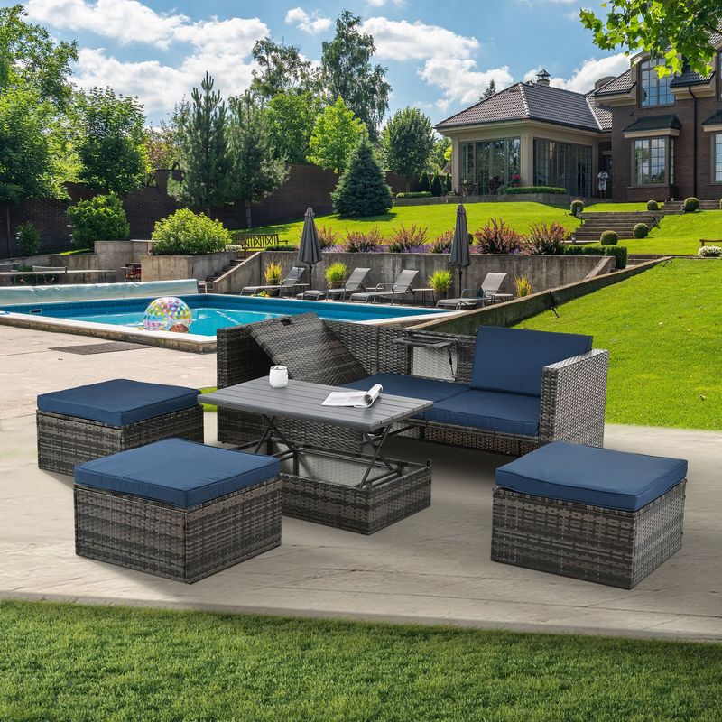 Patio Furniture, Outdoor Furniture, Seasonal PE Wicker Furniture,5 Set Wicker Furniture With Plywood Coffee Table,with Lift TOP Coffee Table,with Lounger Sofa_voghion.com