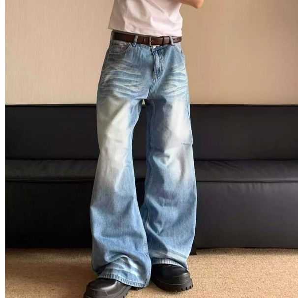 Style Distressed Washed Cat Whiskers Jeans Unisex Bodenlange Vibe High Street Lockere Gerade Hose mit weitem Bein_voghion.com