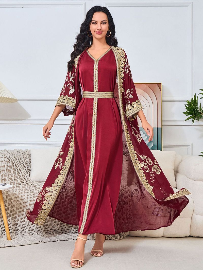 Damenbekleidung Muslimisches Kleid Naher Osten Goldgestempeltes Gewand Zweiteiliges Kleid_voghion.com