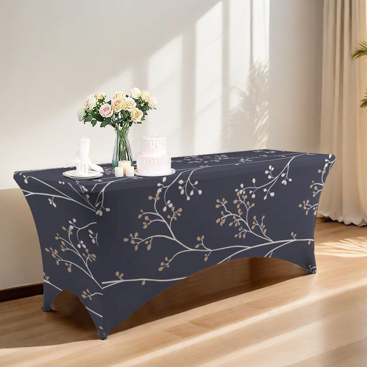 Elastic Polyester Tablecloth – Full-Cover Stretchable Dustproof Table Cover For Parties, Holidays & Home Decor (Multiple Prints & Sizes)_voghion.com