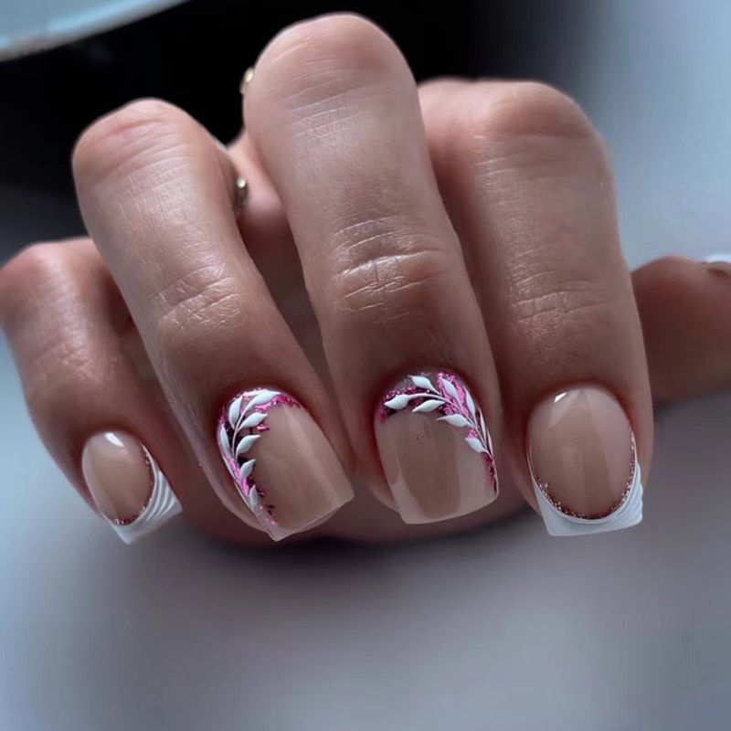 Vierkant 24 stuks eenvoudige gradiënt kunstnagels korte glitter Franse nepnagels druk op nagels draagbaar volledige dekking na_voghion.com