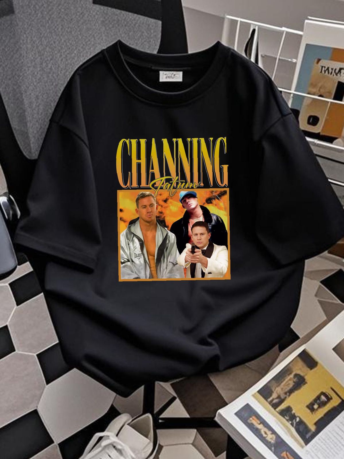 Maglietta retrò vintage Channing Tatum, taglia unica, elasticizzata, streetwear, comoda, leggermente traspirante, grafica da uomo, versatile._voghion.com