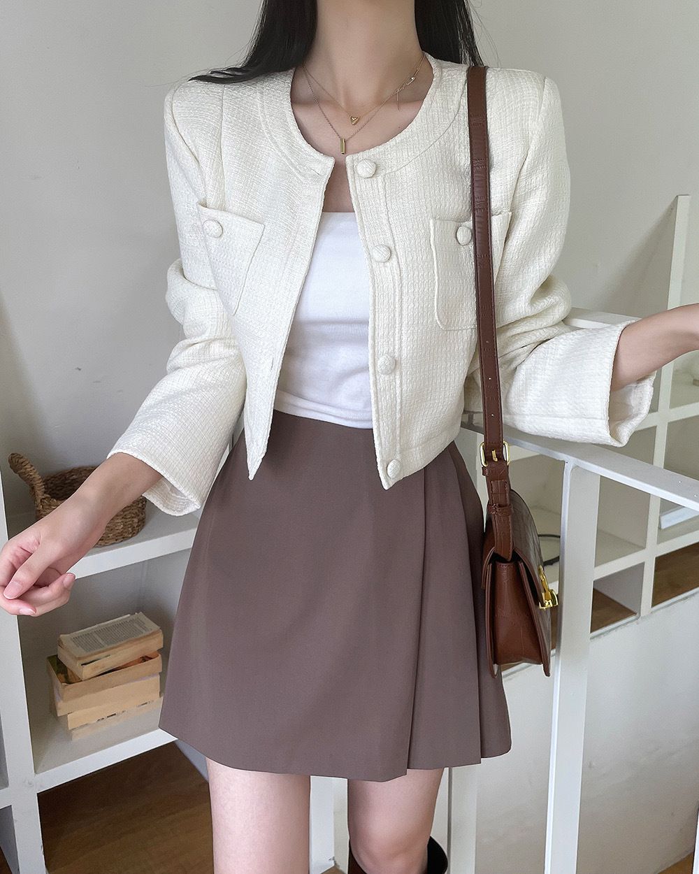 Korėjietiškas „Chic2024“ pavasario ir rudens prancūziškas apvalios kaklo iškirptės, vieneilis, šiurkščiai verpimo, mažas, kvapnus, trumpas švarkelis_voghion.com