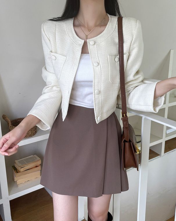 Korėjietiškas „Chic2024“ pavasario ir rudens prancūziškas apvalios kaklo iškirptės, vieneilis, šiurkščiai verpimo, mažas, kvapnus, trumpas švarkelis_voghion.com