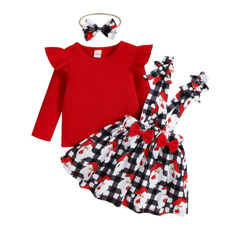 Roupas infantis Natal menina outono inverno manga longa Santa xadrez estampado arco suspensórios vestido conjunto_voghion.com