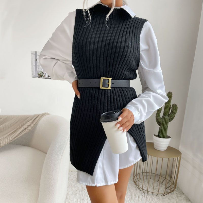 Station indépendante de vêtements pour femmes spécialisée dans le début de l'automne, vêtements pour femmes du Moyen-Orient, pull-over mi-long fendu de couleur unie_voghion.com