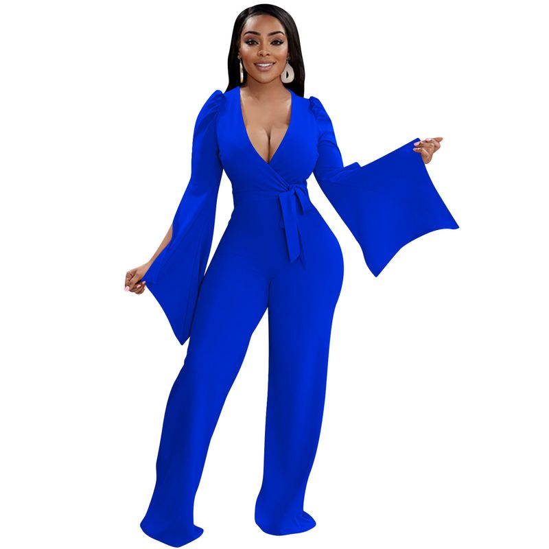 Dametøj nyt produkt ensfarvet sexet dyb V-rem plisseret brede ærmer lange bukser jumpsuit til kvinder_voghion.com