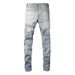 Men Leather Patches Denim Jeans Streetwear Holes Ripped High Stretch Pants Light Blue Skinny Tapered Trousers_voghion.com
