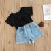 Mother&Kids Fashion kids girls summer clothing Bow solid color short sleeve T-shirt + denim shorts set_voghion.com