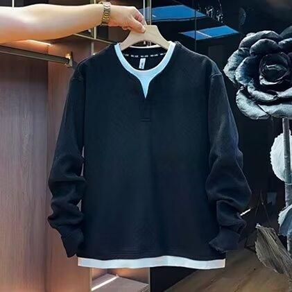 "Erkek Kontrast Panelli Sahte Katmanlı Tişört - Renk Bloklu Minimalist Yuvarlak Yaka Kazak (Siyah/Haki/Bordo) - Unisex Bedenler M-3XL"_voghion.com