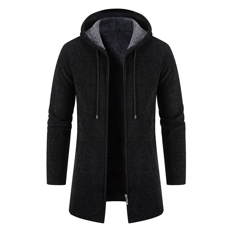 Mittellanger Herren-Strickjacke-Kapuzenpullover, einfarbiger Freizeitpullover_voghion.com