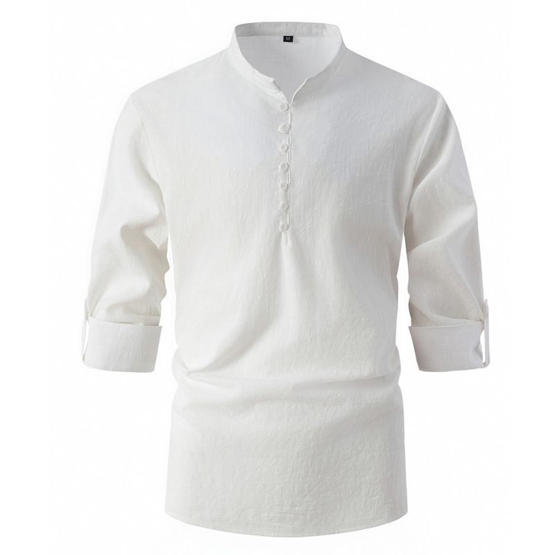 2024 New Fashion Men's Spring And Autumn Cotton Linen Standing Neck Business Slim Fit Casual Long Sleeved Shirt_voghion.com