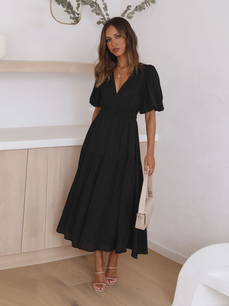 Women's Line High-end Long Ruffled Edge Lantern Sleeves V-neck Vacation Beach Dress_voghion.com