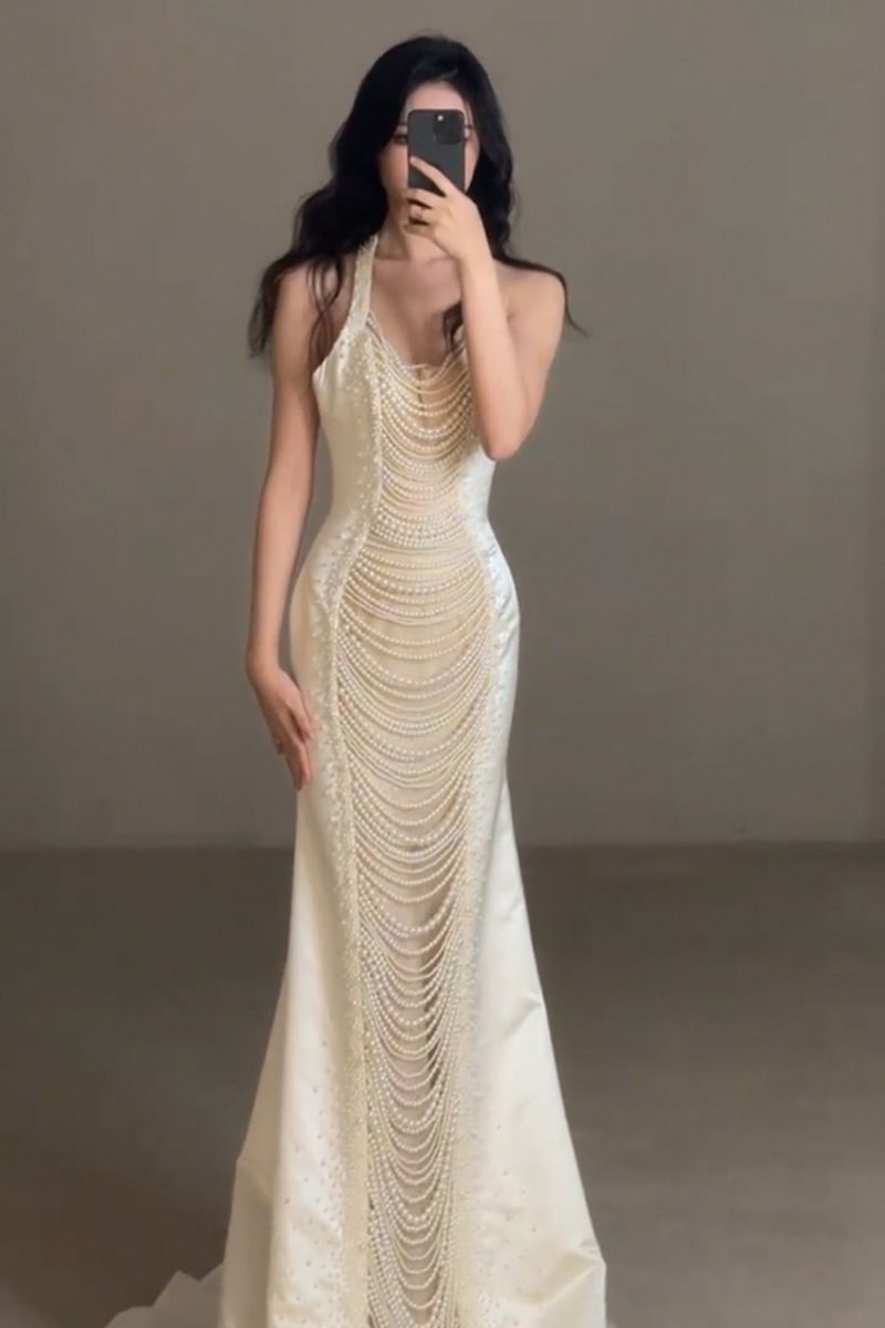 Damenbekleidung Morgenmantel Toastkleid Perlen Bankett Fischschwanz Abendkleid_voghion.com