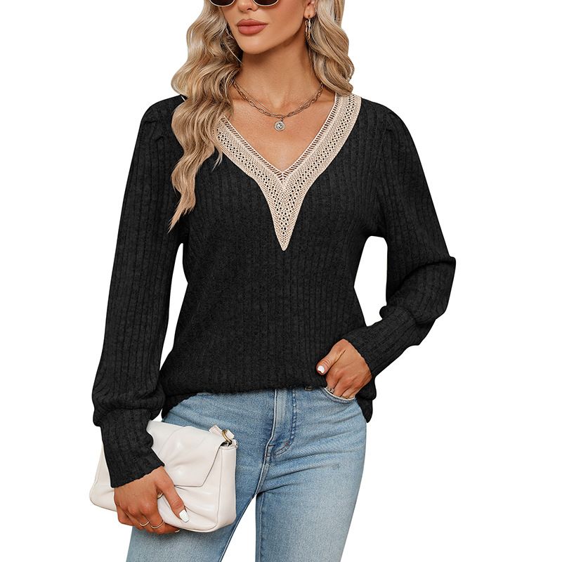 Women's clothing women's V-neck lace loose pit strip brushed loose long-sleeved T-shirt_voghion.com
