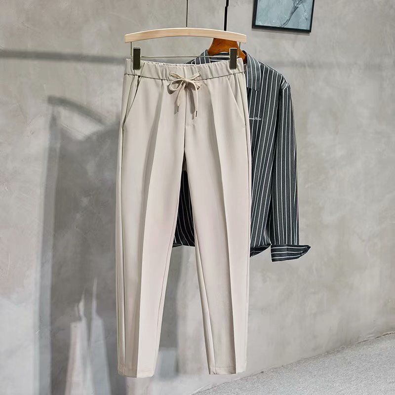 Pantaloni da uomo con coulisse e vita elastica, piccoli pantaloni da abito, semplici pantaloni da uomo in cotone, pantaloni casual, tinta unita, pantaloni da abito a nove punte_voghion.com