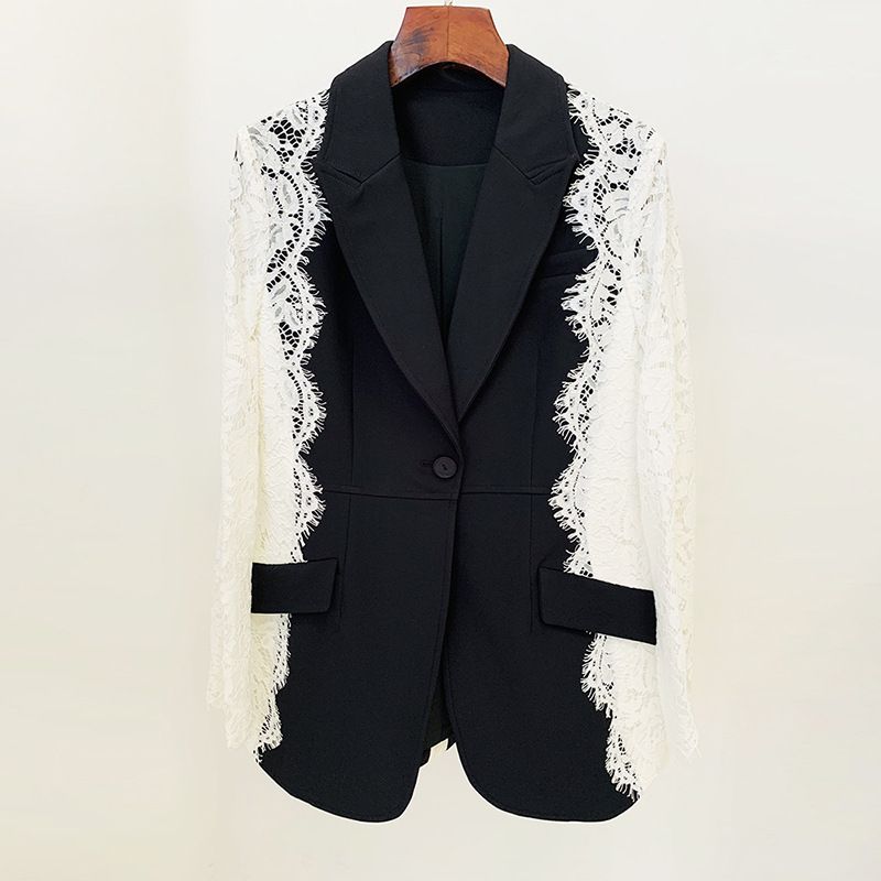 Veste de costume slim fit à un bouton avec épissure de dentelle de couleur contrastée pour femme_voghion.com